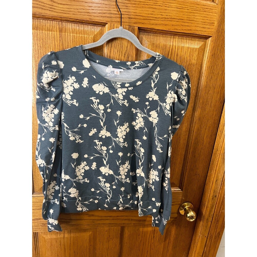 LuLaRoe Mandy Puff Shoulder Crewneck - Grey Blue with Floral - XS